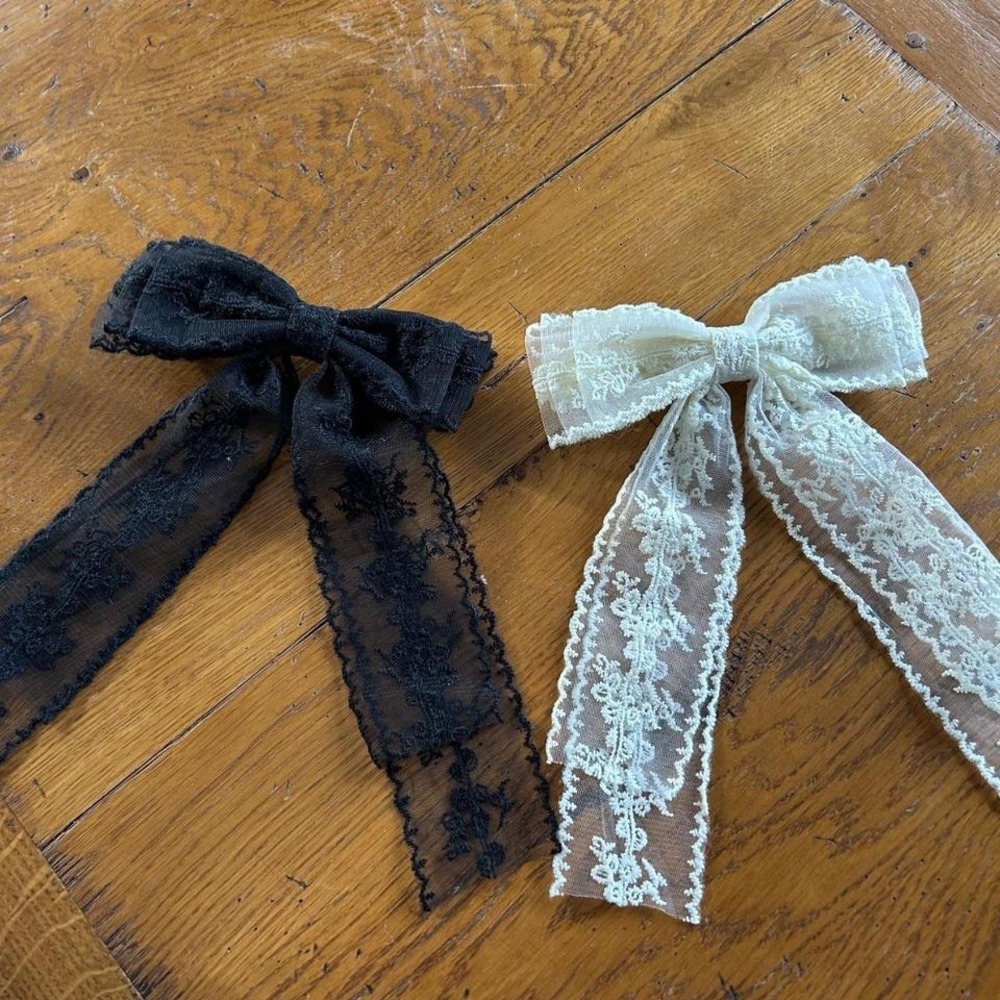 2 large lace hair clip bows tassel metal clips w long tail barrette Black White
